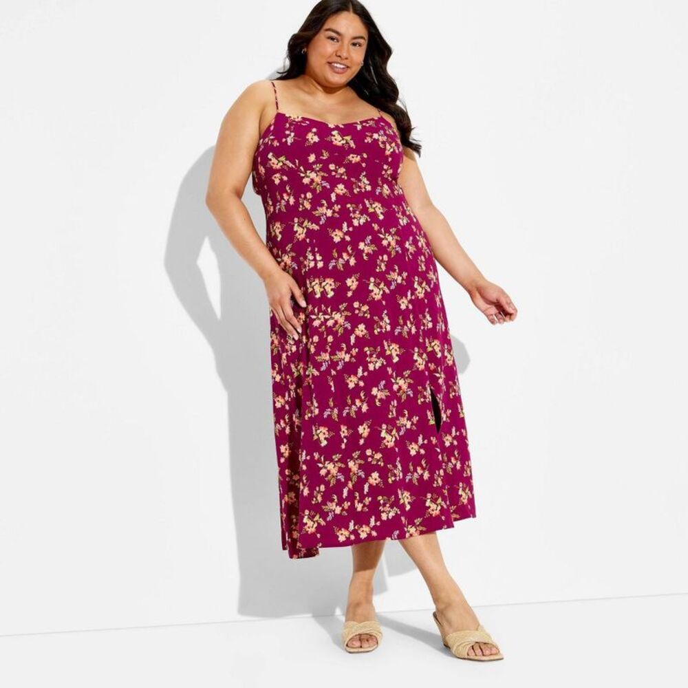 wild fable Berry Strapless Floral Midi Dress with Yellow Print
